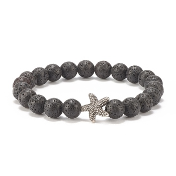 Natural Lava Rock Stretch Bracelet with Alloy Starfish, Essential Oil Gemstone Jewelry for Women, Inner Diameter: 2-1/8 inch(5.5cm)