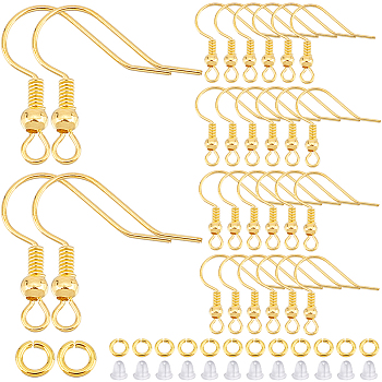 200Pcs Brass Earring Hooks, French Hooks with Coil and Ball, with 200Pcs Jump Rings and 200Pcs Plastic Ear Nuts, Golden, 17~19x16~18x0.8mm, 20 Gauge, Hole: 2mm