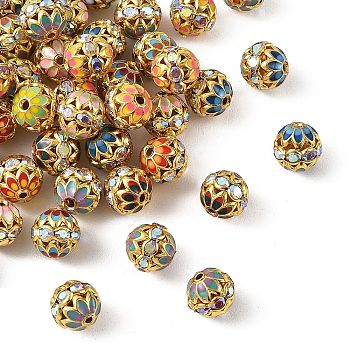 Brass & Alloy & Rhinestone Enamel Beads, Long-Lasting Plated, Round, Mixed Color, Golden, 10mm, Hole: 1.4mm