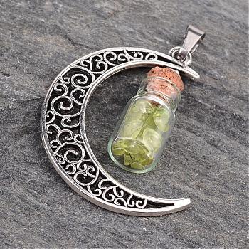 Column Glass Bottle with Peridot inside Pendants, with Moon Alloy Finding and 304 Stainless Steel Findings, 41x29x10mm, Hole: 7x4mm