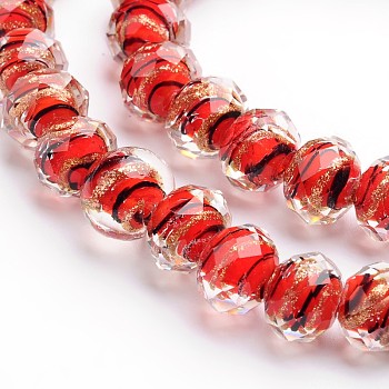 Handmade Gold Sand Lampwork Rondelle Beads Strands, Faceted, Red, 8x6mm, Hole: 1mm, about 50pcs/strand, 15.4 inch