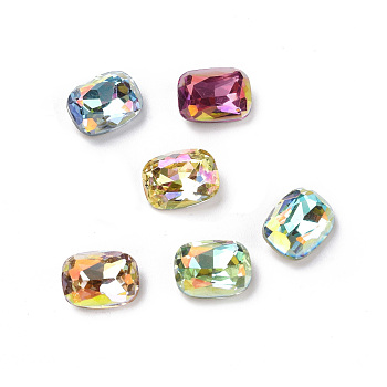 Light AB Style Glass Cabochons, Pointed Back & Back Plated, Faceted, Rectangle Octagon, Mixed Color, 8x6x3mm