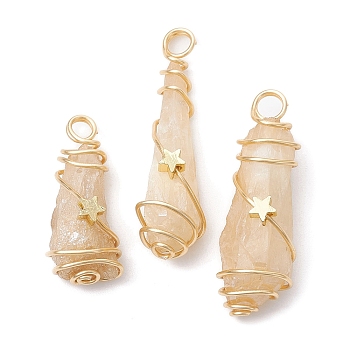 Electroplated Natural Quartz Crystal Dyed Copper Wire Wrapped Pendants, Teardrop Charms with Brass Star, Golden, Wheat, 28~39x8~12x8mm, Hole: 4mm