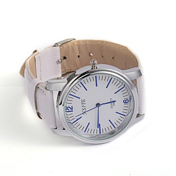 Men's PU Leather Quartz WristWatches, with Platinum Tone Alloy Watch Head, White, 240x18~19mm, Watch Head: 47x42mm