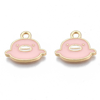 Alloy Enamel Charms, Cadmium Free & Nickel Free & Lead Free, Light Gold, Duck, Pink, 12x14.5x1.5mm, Hole: 2mm
