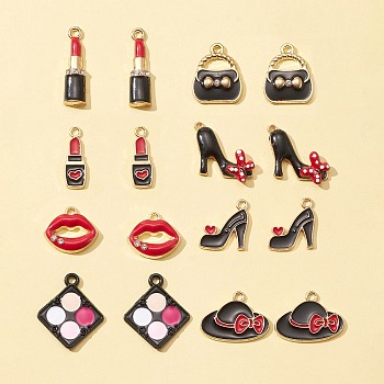 16Pcs 8 Style Rack Plating Alloy Enamel Pendants, with Crystal Rhinestone, Cadmium Free & Nickel Free & Lead Free, Lipstick & Bag & High Heels with Red Bowknot, Mixed Color, 16~26x7~20.5x1~4mm, Hole: 1.2~2mm, 2pcs/style