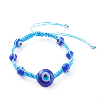 Adjustable Nylon Thread Braided Bead Bracelets, with Handmade Evil Eye Lampwork Beads, Deep Sky Blue, Inner Diameter: 2~3-3/8 inch(5~8.5cm)