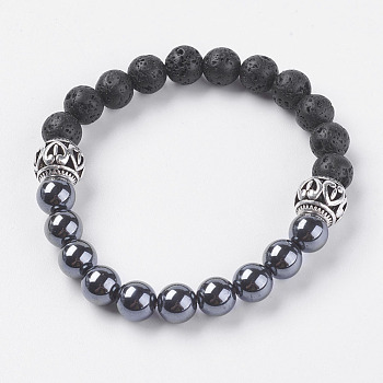 Natural Lava Rock Beads Stretch Bracelets, with Synthetic Hematite and Alloy Finding, Antique Silver, 2-1/8 inch(54mm)