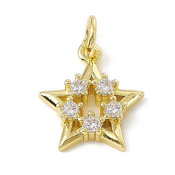 Brass Micro Pave Cubic Zirconia Charms, with Jump Ring, Star Charm, Real 18K Gold Plated, 14.5x12x2.5mm, Hole: 3mm