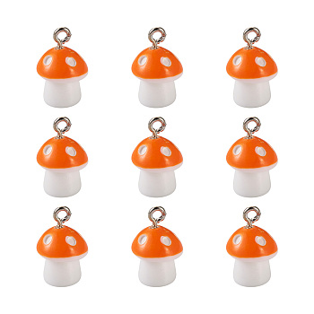 Plastic Pendants, with Platinum Plated Iron Loop, Mushroom with Polka Dots, Orange, 17.5x11.5x12mm, Hole: 1.5mm
