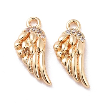 Brass Micro Pave Clear Cubic Zirconia Charms, Cadmium Free & Lead Free, Wing, Real 14K Gold Plated, 14x6x2mm, Hole: 1.2mm