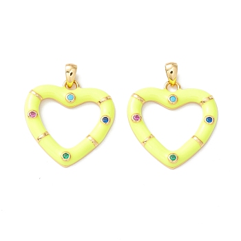 Rack Plating Brass Micro Pave Colorful Cubic Zirconia Pendants, with Enamel, Cadmium Free & Nickel Free & Lead Free, Real 18K Gold Plated, Heart, Yellow, 21x20.5x2.5mm, Hole: 4.5x2mm