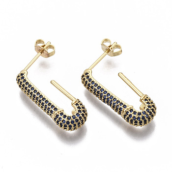 Brass Micro Pave Cubic Zirconia Stud Earrings, Half Hoop Earrings, with Earring Backs, Nickel Free, Safety Pin Shape, Marine Blue, Real 16K Gold Plated, Marine Blue, 24x5mm, Pin: 0.8mm