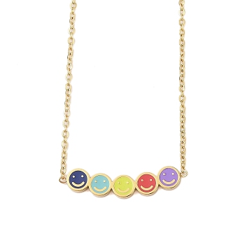 304 Stainless Steel Colorful Enamel Smiling Face Pendant Necklaces, Long-Lasting Plated, Real 18K Gold Plated, 17.01 inch(43.2cm), Extender: 58mm, Pendant: 7x28.5mm