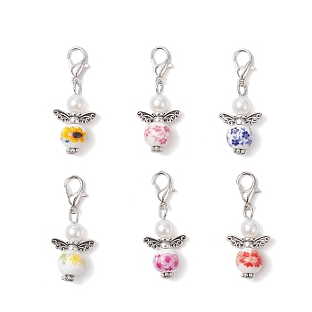 30Pcs Angel Handmade Porcelain Pendant Decorations, with Alloy Lobster Claw Clasps, Mixed Color, 33.5mm