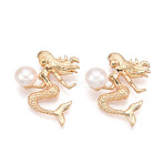 Brass Natural Cultured Freshwater Pearl Pendants, Mermaid, Real 18K Gold Plated, 25~26.5x23~23.5x7~8mm, Hole: 3.5x1.8mm(PEAR-N020-07K)