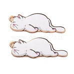 Alloy Enamel Pendants, Light Gold, Cat Charm, White, 35x13x1.5mm, Hole: 1.5mm(ENAM-Z022-01A)