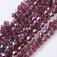 Glass Beads Strands, AB Color Plated, Faceted, Bicone, Plum, 4x4mm, Hole: 1mm, about 92~96pcs/strand, 13.78~14.37 inch(X-EGLA-S056-01)