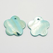 Dyed Flower Freshwater Shell Pendants, Pale Turquoise, 30x3mm, Hole: 1mm(SHEL-M005-26B)