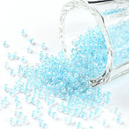 11/0 Grade A Transparent Glass Seed Beads, Inside Color, AB Color Plated, Light Blue, 2.3x1.5mm, Hole: 1mm, about 5380/50g(X-SEED-N001-E-315)