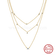925 Sterling Silver 3 Layer Necklaces, Micro Pave 5A Cubic Zirconia Charm Necklaces, Real 14K Gold Plated, 16.02 inch(40.7cm)(NJEW-L116-08G)