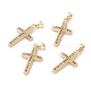 Brass Micro Pave Colorful Cubic Zirconia Pendants, Long-Lasting Plated, Lead Free & Cadmium Free & Nickel Free, Cross, Real 18K Gold Plated, 22x13x2.5mm, Hole: 2.5x3.5mm(ZIRC-Z019-17G-NR)
