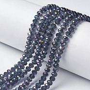 Electroplate Transparent Glass Beads Strands, Half Rainbow Plated, Faceted, Rondelle, Steel Blue, 6x5mm, Hole: 1mm, about 83~85pcs/strand, 38~39cm(EGLA-A034-T6mm-F14)