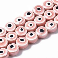 Handmade Porcelain Ceramic Beads Strands, Bright Glazed Porcelain, Flat Round with Evil Eye, Pink, 8x5mm, Hole: 1.5mm, about 40pcs/strand, 12.01 inch(30.5cm)(PORC-T006-04I)