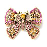 Butterfly Alloy Rhinestone Brooches for Backpack Clothes, Fuchsia, 59x67.5mm(JEWB-R051-07AG-02)