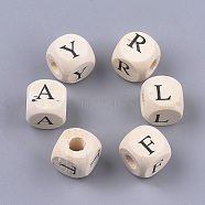 Natural Wooden Beads, Horizontal Hole, Undyed, Cube with Letter, Antique White, 14x13.5x13.5mm, Hole: 5.5mm, about 320pcs/500g(WOOD-S055-02)
