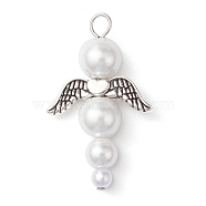 Glass Pearl Pendants, with Alloy Charms, Angel, White, Antique Silver & Platinum, 33x20x8mm, Hole: 3.2mm(PALLOY-JF02711-02)