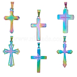 6Pcs 6 Style Ion Plating(IP) 304 Stainless Steel Pendants, Cross, Rainbow Color, 30~41.4x17.8~25x1~2.8mm, Hole: 2.9~4.5x6~8mm, 1pc/style(STAS-SZ0002-04)