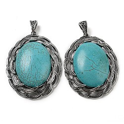 Synthetic Turquoise Big Pendants, Tibetan Style Antique Silver Plated Alloy Oval Charms, 61x47x12~14mm, Hole: 8.5x5.5mm(G-C104-01A-AS)