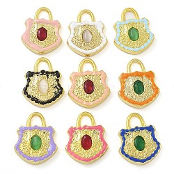 Rack Plating Brass Glass Pendants, with Enamel, Long-Lasting Plated, Lead Free & Cadmium Free, Real 18K Gold Plated, Lock, Mixed Color, 22x17.5x4mm, Hole: 4x4.5mm(KK-G515-02A)