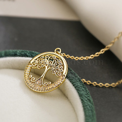 Stainless Steel Clear Cubic Zirconia Tree of Life Pendant Cable Chain Necklaces for Women, Real 18K Gold Plated, 17.72 inch(45cm)(PW-WGAEAC7-01)