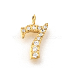 Ion Plating(IP) 304 Stainless Steel Micro Pave Cubic Zirconia Pendants, Number Charms, Golden, 13x8x2mm, Hole: 2mm(STAS-H228-01G-07)