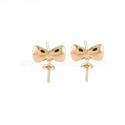Brass Stud Earring Findings, for Half Drilled Beads, Nickel Free, Bowknot, Real 18K Gold Plated, 11x9mm, Pin: 0.6mm, pin: 0.6, pin: 0.8mm(for half drilled beads)(KK-S364-044)
