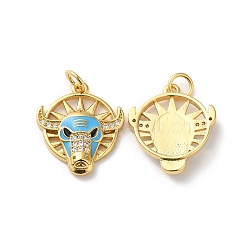 Rack Plating Brass Micro Pave Cubic Zirconia Pendants, with Jump Ring and Enamel, Lead Free & Cadmium Free, Cattle Charm, Real 18K Gold Plated, Deep Sky Blue, 19x16.5x4mm, Hole: 3.5mm(KK-D074-16G)