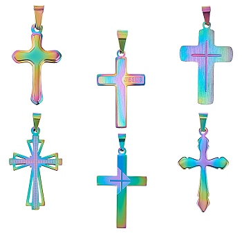 6Pcs 6 Style Ion Plating(IP) 304 Stainless Steel Pendants, Cross, Rainbow Color, 30~41.4x17.8~25x1~2.8mm, Hole: 2.9~4.5x6~8mm, 1pc/style