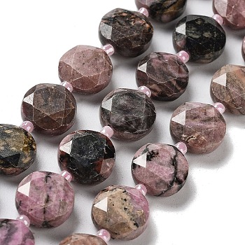 Natural Rhodonite Beads Strands, with Seed Beads, Faceted Hexagonal Cut, Flat Round, 12~12.5x5~6mm, Hole: 1.2~1.4mm, about 27~29pcs/strand, 15.55~15.75 inck(39.5~40cm)