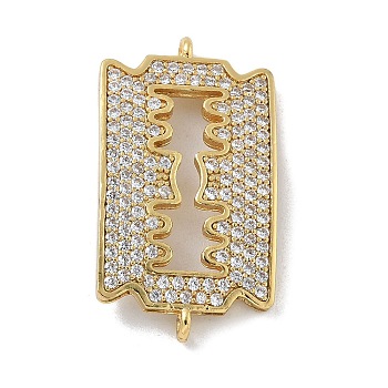 Rack Plating Brass Micro Pave Clear Cubic Zirconia Blade Shaped Connector Charms, Long-Lasting Plated, Lead Free & Cadmium Free, Real 18K Gold Plated, 27x15x2mm, Hole: 1.2mm