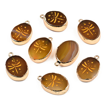 Natural Agate Pendants, with Light Gold Plated Brass Edge & Iorn Loops, Gold Powder, Dyed & Heated, Oval with Dragonfly Charm, Dark Goldenrod, 23~24x15~16.5x4~6.5mm, Hole: 1.6mm