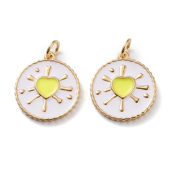 Real 18K Gold Plated Brass Enamel Pendants, Long-Lasting Plated, With Jump Rings, Flat Round with Heart, Yellow, 18x16x1.5mm, Hole: 3mm, Jump Ring: 5x1mm