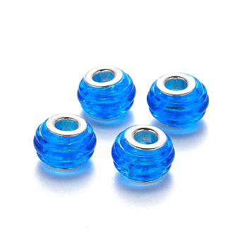 Handmade Lampwork European Beads, Beehive Beads, Large Hole Beads, with Platinum Tone Brass Double Cores, Rondelle, Dodger Blue, 14x9~10mm, Hole: 5mm