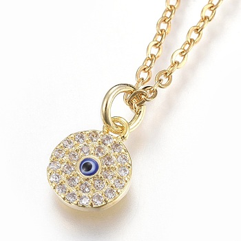 304 Stainless Steel Pendant Necklaces, with Cubic Zirconia, Flat Round with Eye, Clear, Golden, 17.6 inch(45cm), Pendant: 10x8x1.5mm
