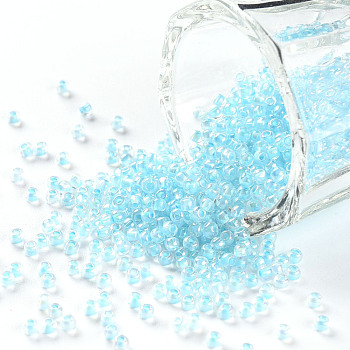 11/0 Grade A Transparent Glass Seed Beads, Inside Color, AB Color Plated, Light Blue, 2.3x1.5mm, Hole: 1mm, about 5380/50g