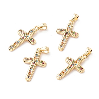 Brass Micro Pave Colorful Cubic Zirconia Pendants, Long-Lasting Plated, Lead Free & Cadmium Free & Nickel Free, Cross, Real 18K Gold Plated, 22x13x2.5mm, Hole: 2.5x3.5mm
