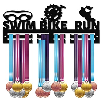 Acrylic Medal Holder, Medals Display Hanger Rack, with Hanger Hooks, Medal Holder Frame, Rectangle with Word SWIM BIKE RUN, Black, 116x290x10mm