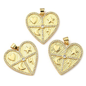 Brass with Cubic Zirconia Pendants, Long-Lasting Plated, Lead Free & Cadmium Free, Real 18K Gold Plated, Heart, Clear, 25x24.5x2mm, Hole: 3.3x4mm