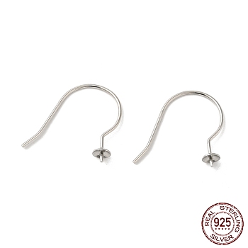 Rhodium Plated 925 Sterling Silver Earring Hooks, Ear Wire, for Half Drilled Beads, Real Platinum Plated, 18.5mm, Pin: 0.8mm